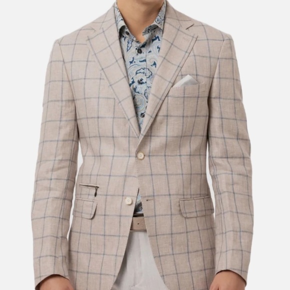 Tallia Linen Sport Coat 48 Long Slim-Fit Windowpane Blazer Coastal Preppy - Picture 1 of 15
